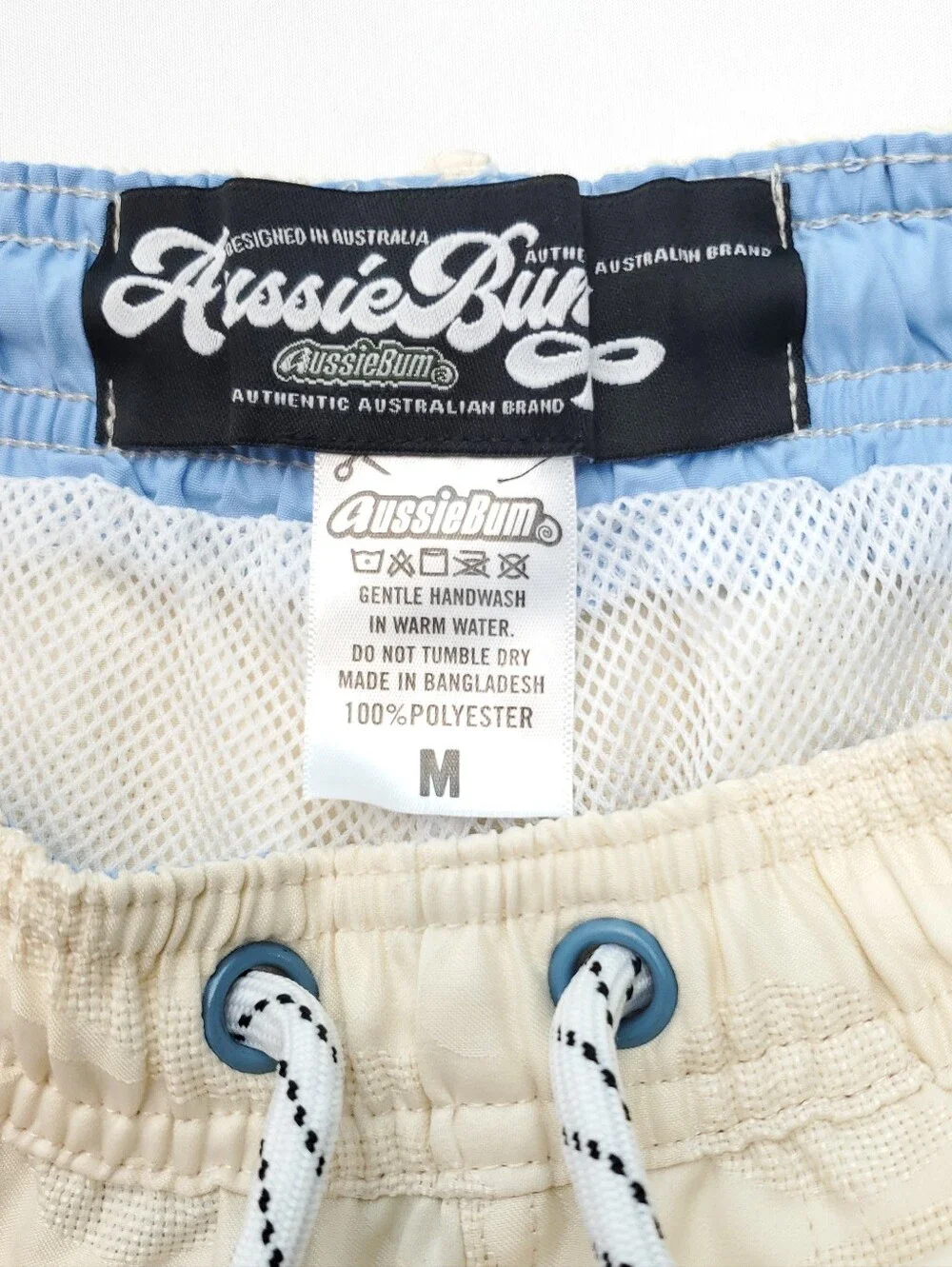 ​AussieBum Men's Swim Trunks Cream Blue Side Stripe Mesh Lined Board Short Sz M